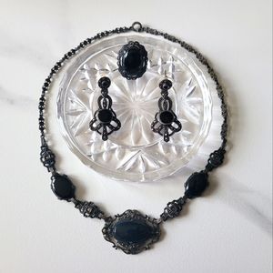 Edwardian Era Sterling Silver Jewelry Set with Necklace, Earrings, & Ring